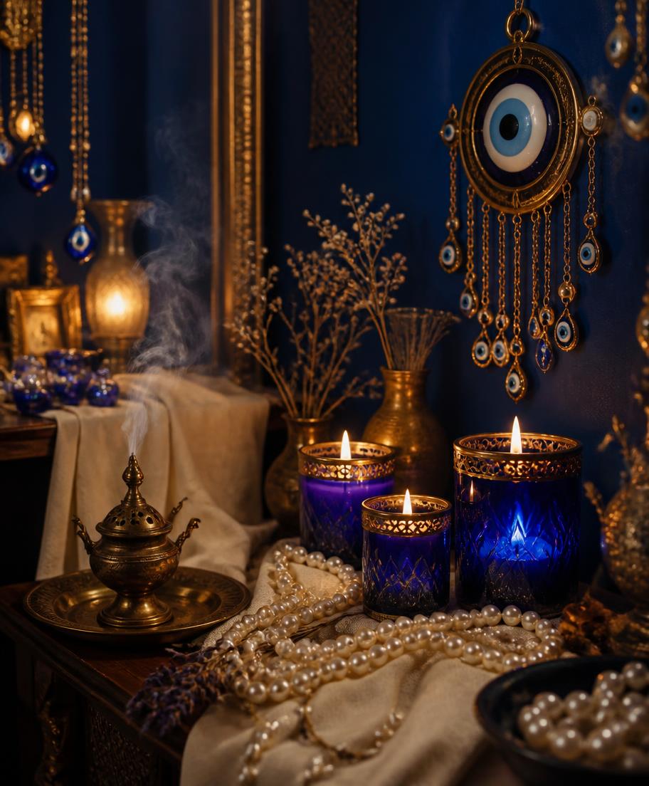 Lit blue glass candle surrounded by clear quartz crystals