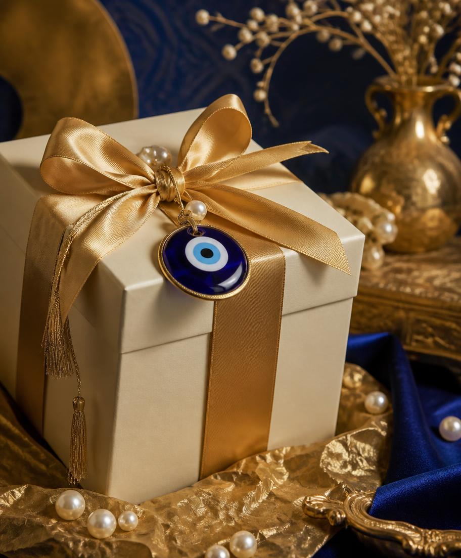 Cream and gold gift box finished with a blue protective-eye charm